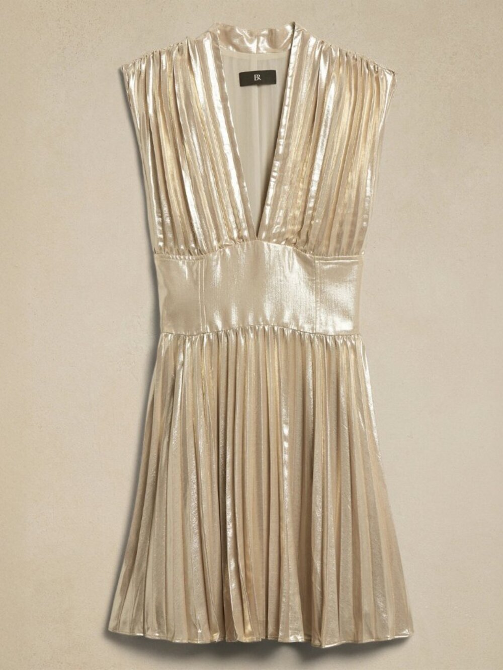 😍 NWT 😍 Banana Republic Sleeveless Pleated Mini Dress, Gold, Size 4 - Picture 2 of 10
